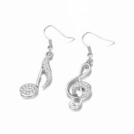 Dainty Music Note Asymmetrical Dangle Hook Earrings for Women Crystal Cubic Zirconia G Clef Musical Drop Fake Huggie Hoops Earring Fashion Jewelry Gifts Christmas (Silver)