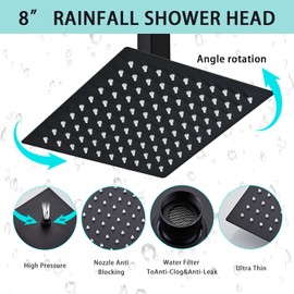 RTOBWEYE 8 Inch Shower Faucet Set Ceiling Mount, High Pressure Rainfall Shower System Square Rain Shower Head with Handheld Spray Combo, Ceiling Luxury Rainfall Shower Fixtures Matte Black (3-Setting)
