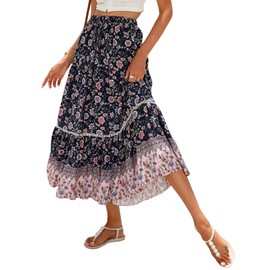 SotRong Summer Boho Midi Skirt Vintage Floral Print Gypsy Skirts High Waist Long Summer Dresses for Beach Holiday Navy Blue XL