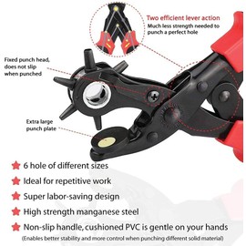 Leather Hole Punch Tool Set - Super Heavy Duty Rotary Puncher - Multi Hole Sizes Maker Tool, for Belts,Watch Bands, traps,Dog Collars,Saddles,Shoes,Fabric,DIY Home or Craft Projects (Black&Red)