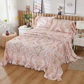 ABREEZE Pink Paisley Print Bed Sheet Set Boho Bedding Set Farmhouse Decor 4pc Luxury Bedding Set Bohemian Damask Medallion 1000TC Egyptian Cotton Full Size