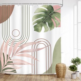 Glawry Abstract Tropical Shower Curtain Extra Long Chic Boho Plant Palm Leaf Watercolor Pink Green Simple Minimalist Bathroom Modern 72Wx84L Inches Bath Accessories Art Home Decor Fabric 12 Pack Hooks