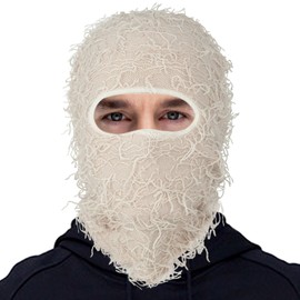 Distressed Balaclava Ski Mask Knitted Full Face Windproof Winter Premium Yeat Ski Mask for Men Women Cream