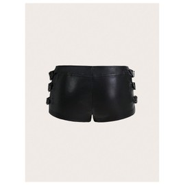 BEAUDRM Women's Y2K Faux Leather Shorts Low Waist Metal Buckle Skinny Mini Shorts Party Outfit Black X-Small
