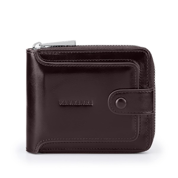 VANNANBA Zipper Wallets for Men with Coin Pocket RFID Oil-waxed