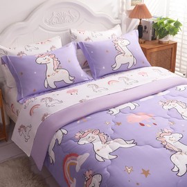 Wajade Kids Purple Unicorn Comforter Set Bed in A Bag Twin Size 7 Piece Cute Unicorn Rainbow Clouds Bedding Set for Girls (1 Comforter, 1 Flat Sheet, 1 Fitted Sheet, 2 Pillowcase and 2 Pillow Sham)