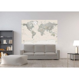 Academia Maps - World Map Wall Mural - Neutral Tones Political Map - Premium Self-Adhesive Fabric