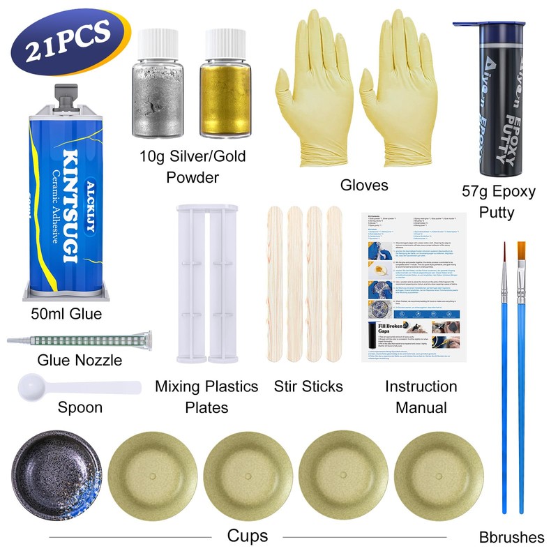Alckijy Kintsugi Repair Kit Gold & Silver - 21 Piece