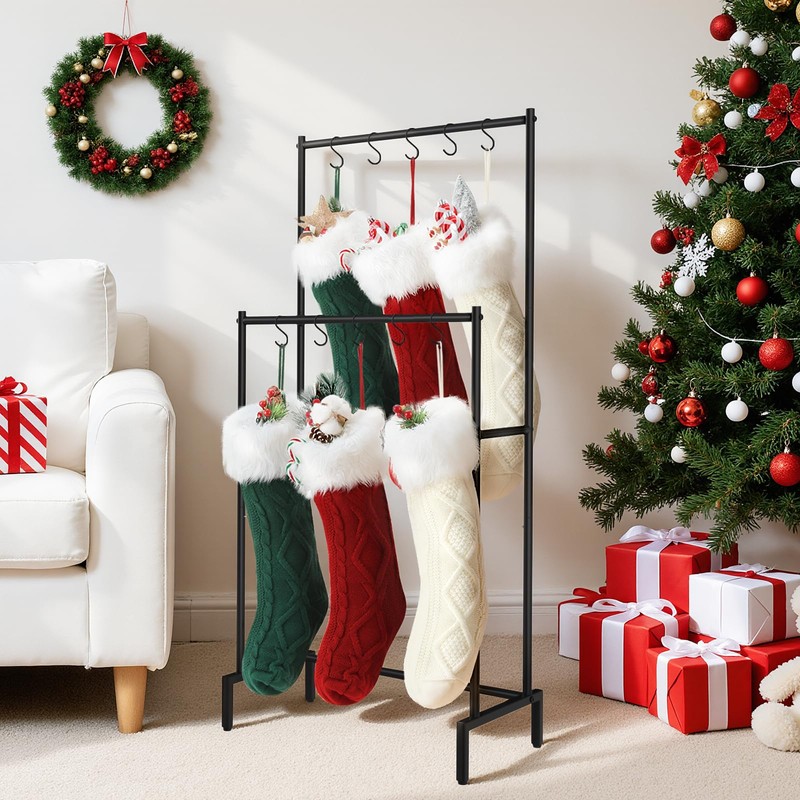 Christmas Stocking Holder Stand with 10 Hooks, Double Rods Stocking