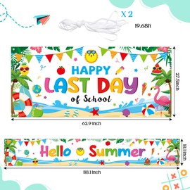 WATINC End of School Year Backdrop - 2Pcs Xtralarge Happy Last Day of School Party Decorations, Hello Summer Background Decorations for Party Photo Booth Props (79 X 45 Inch, 118 X 18 Inch)