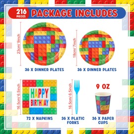 Rtteri 216 Pcs Building Brick Party Supplies Include 72 Blocks Theme Birthday Brick Paper Plates 72 Block Napkins 36 Block Cup and 36 Disposable Fork Brick Gamer Party Tableware Decorations