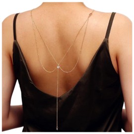 Yheakne Boho Crystal Back Chain Necklace Gold Cz Backdrop Necklace Rhinestone Bridal Back Drop Chain Body Chain Summer Beach Body Jewelry for Women and Girls