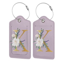2 PCS Flower Lette K Luggage Tag for Suitcases Leather Travel Cruise Luggage Tags with Stainless Steel Loop Privacy Cover Id Label Suitcase Tags Pink