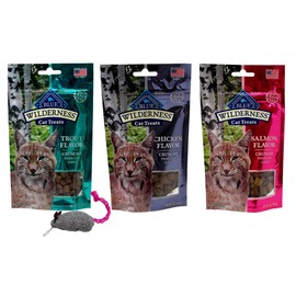 Blue Wilderness Grain Free Crunchy Treats for Cats 3 Flavor Variety with Toy Bundle, (1) Each: Trout, Chicken, Salmon (2 Ounces)