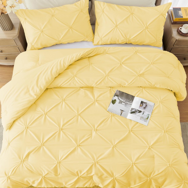 UNIKOME King Size Comforter Set Yellow - Lightweight Soft Pintuck