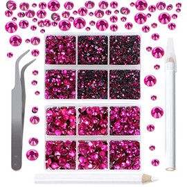 QOGIR 6300pcs Fuchsia Hotfix Rhinestones for Crafts Clothes DIY with Tweezers and 2 Picking Pens Mixed Size Flatback Rhinestone