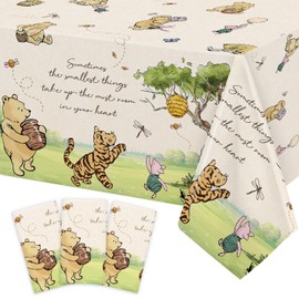 3Pcs Classic Winnie Bear Baby Shower Birthday Decorations Quotes Table Cloths, Rectangle 54 x 108Inch Disposable Vintage Pooh Bear Tablecloths for Boys Girls Baby Shower Birthday Gender Reveal