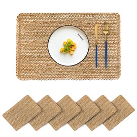 CY SISTERS Woven Placemats Set of 6 Farmhouse Wicker Placemats Rectangle Natural Rattan Placemats Wipeable Braided Straw Placemats for Square Plates Outdoor Placemats for Patio Table 17.7'' X 11.8''