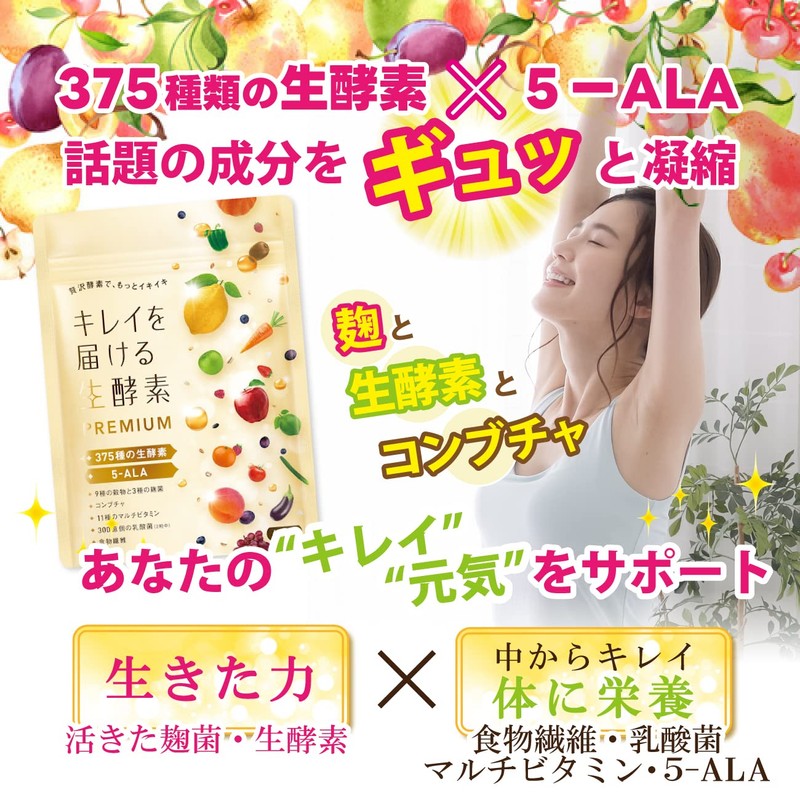 キレイを届ける生酵素PREMIUM 375種類の生酵素 コンブチャ 5-ALA 9種類の穀物 3種類の麹菌 11種類のマルチビタミン 乳酸菌 食物繊維 国内製造