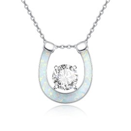 OHAYOO Opal Horseshoe Necklace Women's 925 Sterling Silver Horseshoe Girl Pendant Cubic Zirconia Jewellery Gift for Women, Sterling Silver