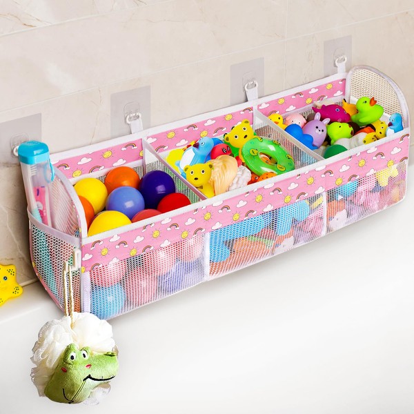 Dofilachy Bath Toy Holder-3 Compartment Bath Toy Storage Organizer-Large Capacity Bath Net for Tub Toys-Tub & Shower Organizer Net Bin-Bathtub Toy Holder for Easy Access Sorting (Pink)