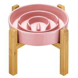 MOPANG Ceramic Slow Feeder Dog Bowls Elevated for Small Breed, Slow Feeder Cat Bowl, 0.6 Cup Dog Slow Feeder with Wooden Stand, Puzzle Bowl for Small Dogs and Cats, Maze Bowl, 6in, Pink