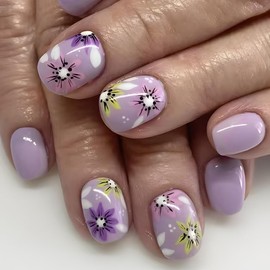 Spring Flower Press on Nails Short Square Fake Nails Gradient Purple Nails Press ons with Ombre Flowers Designs Cute Acrylic Nail Kit Spring Summer Nail Designs Floral Glue on Nails for Women 24Pcs
