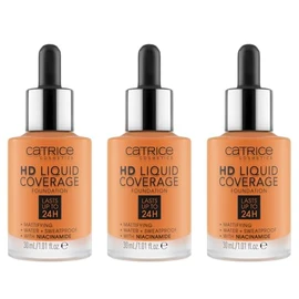Catrice HD Liquid Coverage Foundation, Nr. 066, Nude, langanhaltend, mattierend, matt, für unreine Haut, vegan, ölfrei, wasserfest, ohne Parabene, 3er Pack (3x30ml)