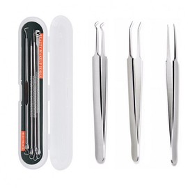 Nose Sebum Pimple Blackhead Double-Ended Extractor & Tweezer Set (4-Piece) Premium Tweezer Set (L-Type) 5ea