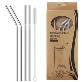 Xolixorium Reusable Straws 4-Pack Stainless Steel Drinking Set, 10.5 inch Dishwasher-Safe Metal Straws with 2 Straight & 2 Bent + Cleaning Brush for Home Travel Office