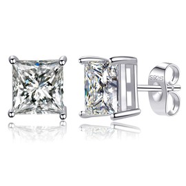 925 Sterling Silver Princess Square Cubic Zirconia Stud Earrings 3mm-8mm Options, Simulated Diamond CZ Studs Hypoallergenic Jewellery (8mm, Silver-White Zirconia)