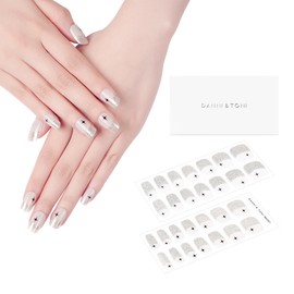 DANNI & TONI Semi Cured Gel Nail Strips White French (Starry Serenade) Stars Gel Nail Polish Stickers with Silver Glitter French Tips Glossy Nail Wraps 28 Stickers
