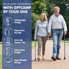 GPTCAMP G2 Walking Stick, Fold-up Walking Cane for Women and Men with Wrist Strap, Portable, Foldable, Collapsible, Lightweight and Sturdy with Comfortable T Handle
