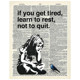 Banksy Inspirational Quote Wall Art - 11x14 Dictionary Page Print - Rest Not Quit Motivational Home Office Decor - Black White Bird Silhouette Vintage Art - Unframed