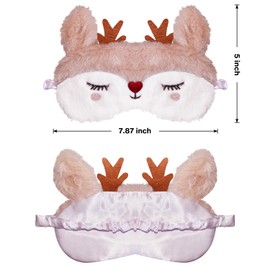 FUNAUPGO Christmas Reindeer Sleeping Mask Eye Mask Cute Animal Rudolph Sleep Mask Soft Plush Blindfold Funny Eye Cover Eyeshade for Kids Adults Girls Boys Women Men (Reindeer, White)