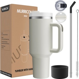 MURRICON - Vaso de 40 onzas con mango y pajita, vaso reutilizable con tapa, taza de viaje aislada de acero inoxidable, para café y bebidas (duna)