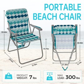 #WEJOY Folding Beach Chair for Adults, Lightweight Beach Chair with Shoulder Straps, High Back Beach Chairs with Hard Armrest, Supports 300lbs for Beach Lawn Concert, Cyan/Blue