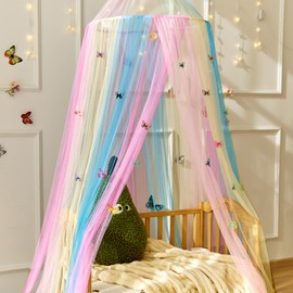 Wnqou Regenbogenbett Vordach mit Schmetterlingen für Mädchen,Atemaktiver Vordach für Bett,Prinzessin Spielzelt für Kinder Zimmer Lese Nook