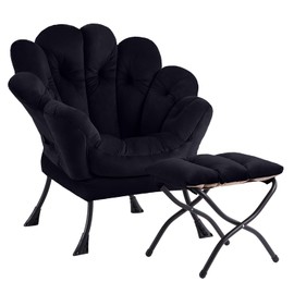 Welnow 2024 Lazy Chair with Ottoman, Comfy Reading Chair Lounge Accent Chair Modern Floral Chair with Footrest Butterfly Leisure Living Room Chair for Small Spaces, Bedroom, Dorm Room, Velvet Black