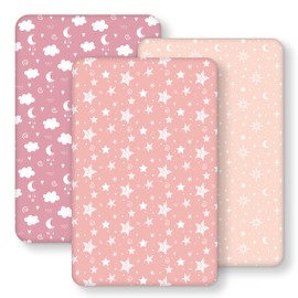 FIEMOL Next to Me Crib Sheets 85x51cm Fitted, 3 Pack Baby Cot Sheets, Ultral Soft & Silky Smooth Microfiber Bedside Crib Fitted Sheets Pink Stars