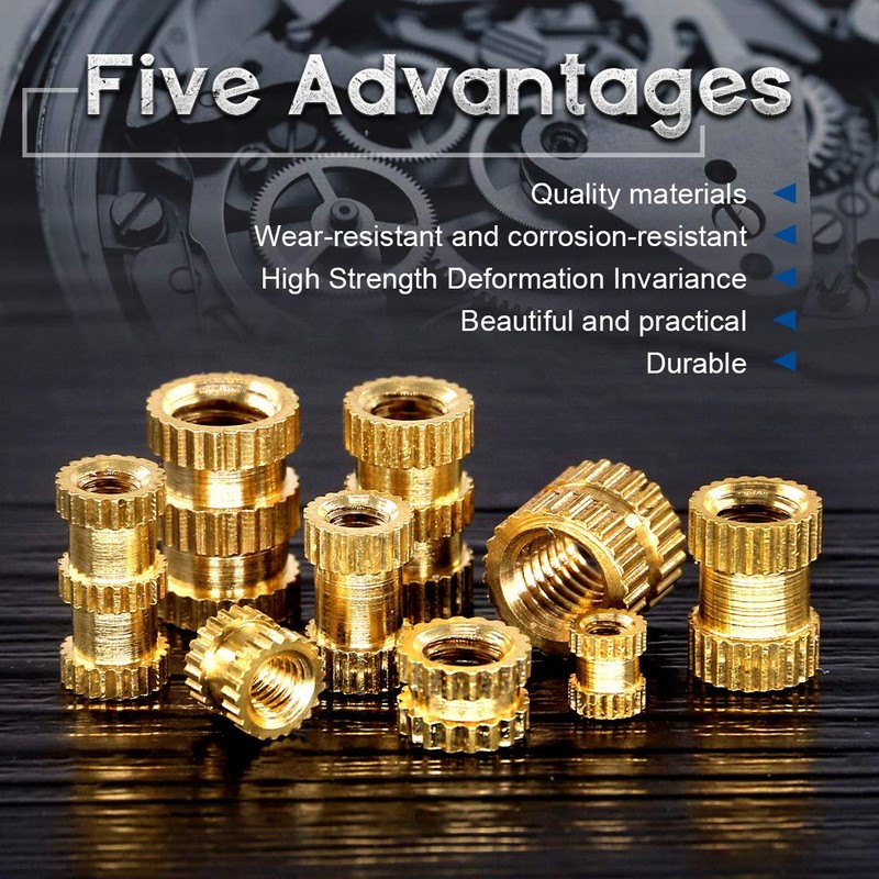 Glarks 370Pcs M2 M3 M4 M5 Female Thread Knurled Brass