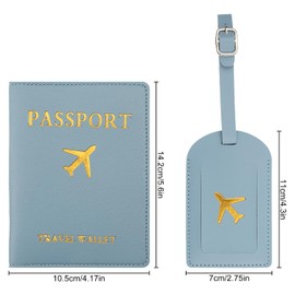 Rumyve 2PCS Luggage Tags and Passport Holder Adjustable Straps PU Leather Travel Accessories for Preventing Lost Luggage (Grey, Blue)