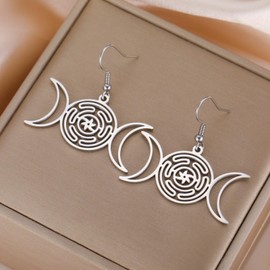 LIKGREAT Triple Moon Goddess Earrings Stainless Steel Hecate's Wheel Hoop Earrings Star and Moon Lightweight Dangle Earrings for Women Protective Talisman Jewellery for Chrismas Day (Sliver)