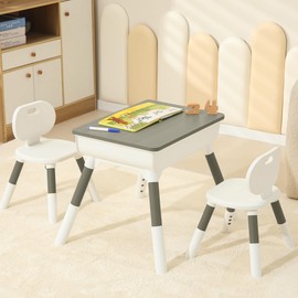 Kids Study Desk And Chair Set Height Adjustable Graffiti Desktop Storage Drawer Storage Basket non slip legs Suitable for Maximum Weight of 220 Pounds Suitable for Kids Desk Ages 2-10(Woodr 2Chair)