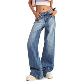 Women's Low Rise Baggy Jeans Washed Straight Wide Leg Denim Pants Casual Loose Boyfriend Jean Streewear Trousers Blue
