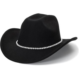 Bling Rhinestone Western Cowgirl Hat for Women Men, Rolled Up Sparkly Star Felt Fedora, Retro Rodeo Panama Cowboy Hat - Color: Black-1 Row Bling Band Decor, Size: Medium-Large