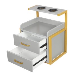 Suspended Salon Wall Cabinet, 15.75"x 11.81"x 18.9" Wall Mounted Styling Salon Station with 2 Storage Drawers & Hair Dryer Holder, Beauty Salon Stations Equipment for Barber Shops, Home (Gold+ Gray)