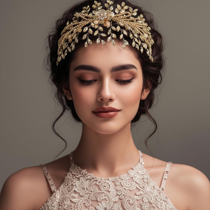 FUILUA Bridal Headband,Rhinestone Crystal Floral Wedding Headpiece Flower Leaf Hair