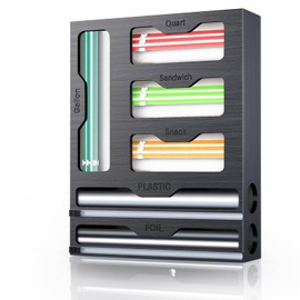 KOCWELL Bag Organizer & Plastic Wrap Dispenser with Cutter, 6 In 1 Bamboo Foil & Plastic Wrap Organizer for Kitchen, Food Storage Bag Organizer