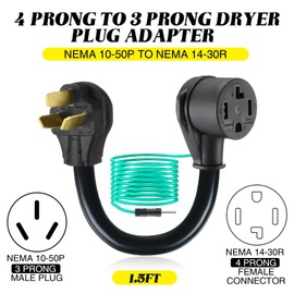 Kanayu 1.5ft 3 Prong to 4 Prong Dryer Adapter Cord, Compatible with Nema 10-50p Male to 14-30r Female, 50amp to 30amp Adapter Cord with Ground Wire for Old Style Dryer/range to Dryer, Stw 10 Awg